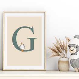 Decorative letter G poster with a small bird perched on the letter, suitable for a kids room or nursery.