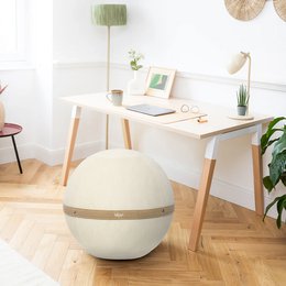  A round, cream-colored office chair with a velour finish and a modern, minimalist design. The chair features a comfortable, ergonomic shape and is suitable for use in an office or home workspace.