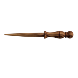 Olive wood hair stick with a pointed tip and decorative knobs, a natural hair accessory.