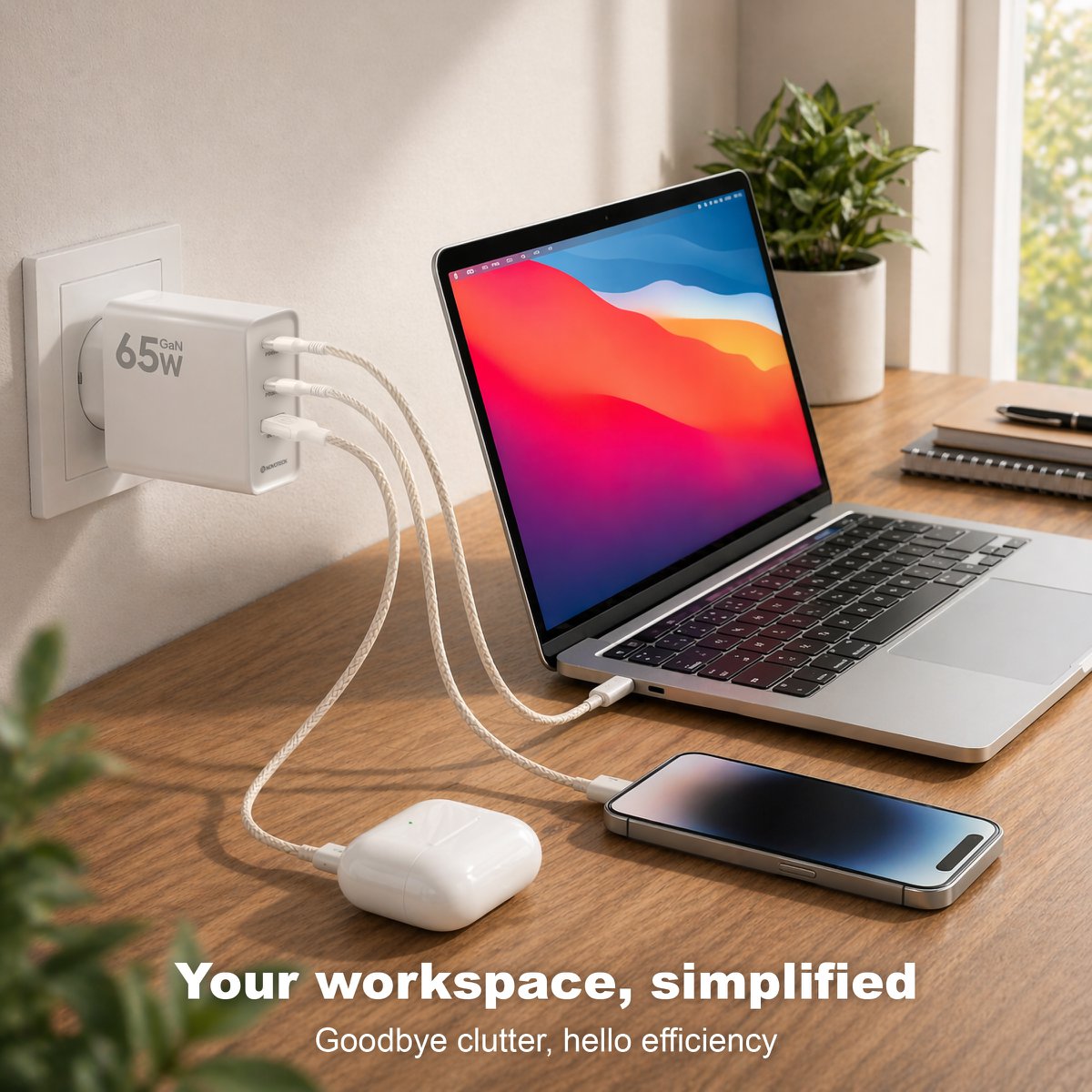 Cargador NOVOTECK C-018 65W GaN PD - Cargador rápido USB-C 65W + USB-C 20W + USB-A 20W