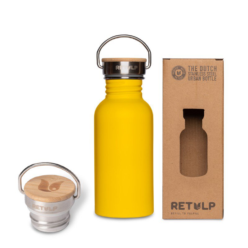 Stainless steel drinking bottle bamboo cap 500 ml steel Yellow