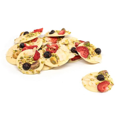 Mendiants white with pistachios, almonds, strawberries and cassis 150 Grs