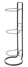 A tall, black metal ball stand with a circular design and multiple tiers to hold balls or other spherical objects.
