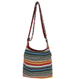 Sunsa hobo taske. Stribet taske i vævet bomuld. Dame/piger skuldertaske med justerbart håndtag. Letvægts stor stoftaske med lynlåslukning.