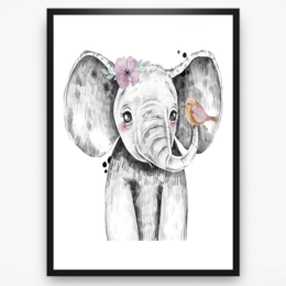 Adorable elephant with pink flower, watercolor style illustration. Suitable for nursery, kids room decor.
