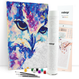 Colorful abstract painting of an owl with vibrant blue, pink, and yellow hues. The painting features the owl's striking eyes and detailed feathers, creating a visually captivating and artistic representation of the animal.