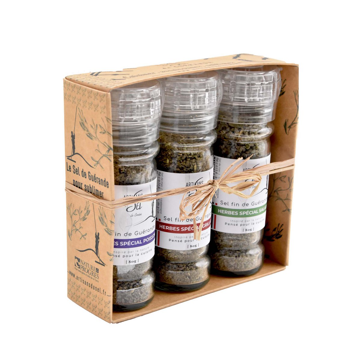 Caja de 3 molinos: sal fina de guérande IGP con hierbas orgánicas (ensaladas, parrillas, pescado) | Artesanos de sal