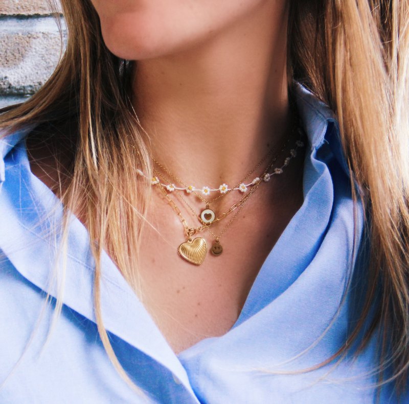 RVS D-chain ketting met versierd hart - goud