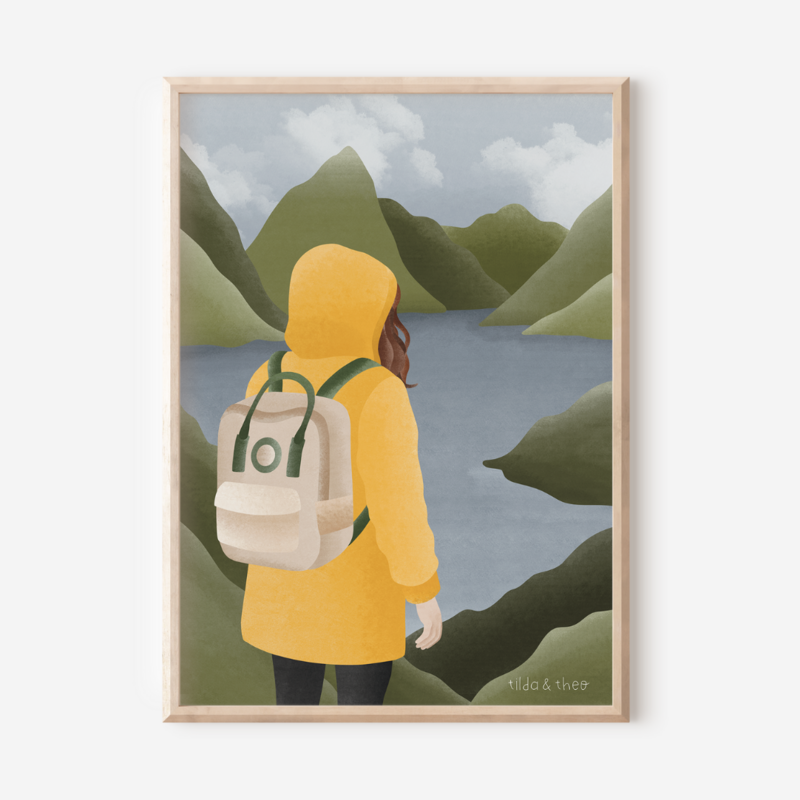 Poster norway fjorden woman in yellow rain jacket - hiking trip Scandinavia - Norwegian mountains