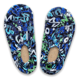 Blue graffiti pattern kids water shoes, non-slip beach slippers with colorful abstract design.