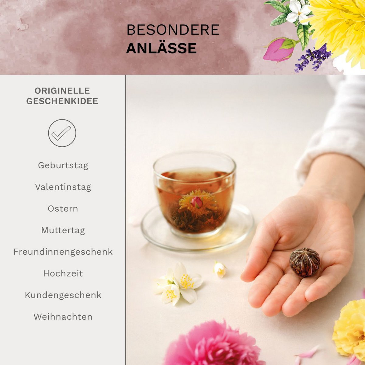 Blooming tea giftset in modern bloemmotief met glazen kan, zwarte thee (6 theeroosjes / 3 soorten)