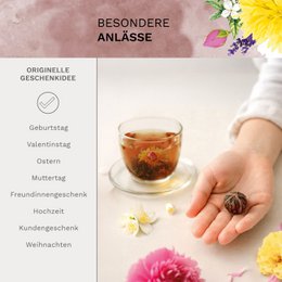Blooming tea giftset in modern bloemmotief met glazen kan, zwarte thee (6 theeroosjes / 3 soorten)