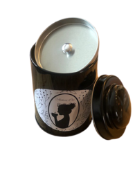 A black ceramic canister with a round lid, featuring a silhouette design of a woman's profile. The canister appears to be used for storing tea or other dry goods.