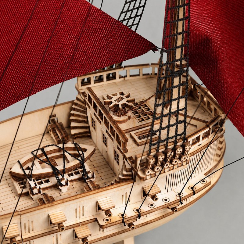 Galeone aus Holz mit LED-Beleuchtung – 3D-Holzpuzzle 583 Teile, Schiffsmodell mit Segeln und Takelage, Modellbausatz ab 12