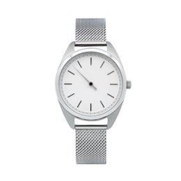 Silver-toned stainless steel watch with a minimalist dial design.