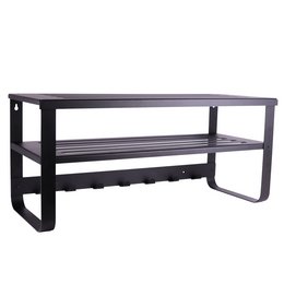 Black metal coat rack with two shelves for storage and display.