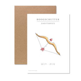 Greeting card featuring a Sagittarius zodiac symbol, a bow and arrow design in red and gold colors.