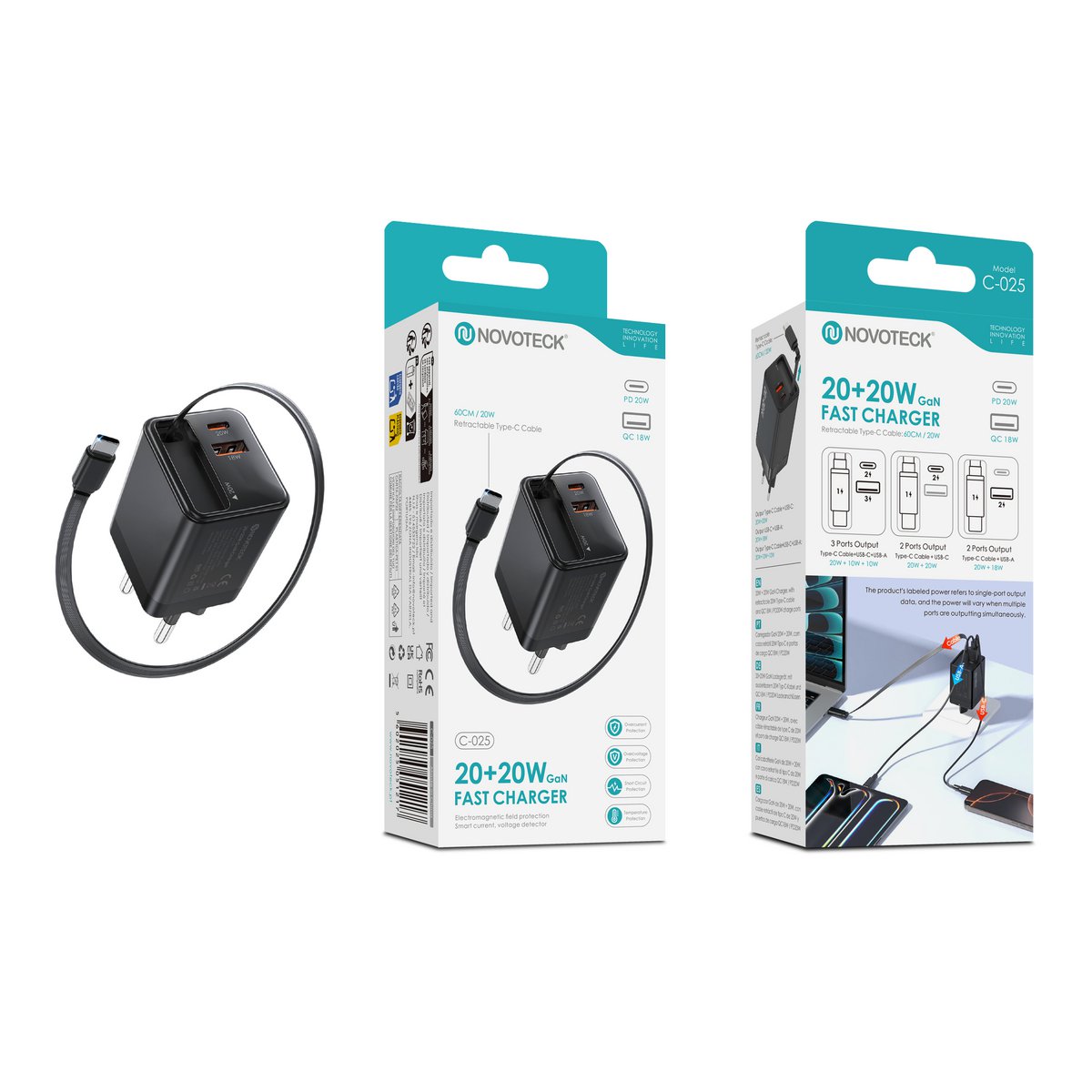 Cargador GaN de 40W con cable USB-C retráctil – NOVOTECK C-025