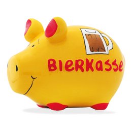 Sparegris firma sparegris "ølkasseapparat" lavet af keramik, gul/rød (B/H/D) 12,5x9x9 cm lille gris