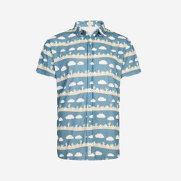 This casual men's shirt features a cloud and mountain print in shades of blue, creating a stylish and relaxed look. The shirt is available in a range of sizes from extra-large to small.