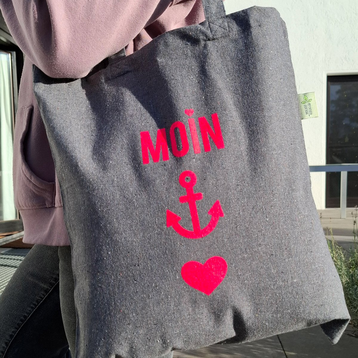 Baumwollbeutel "Moin-Anker-Herz" (Neon-Pink) aus recycelter Baumwolle