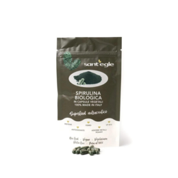 Organic spirulina capsules, 300 count. Green, round capsules containing spirulina, a nutrient-rich algae.