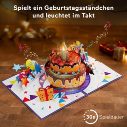 Tarta de cumpleaños con música y tarjeta desplegable luminosa.