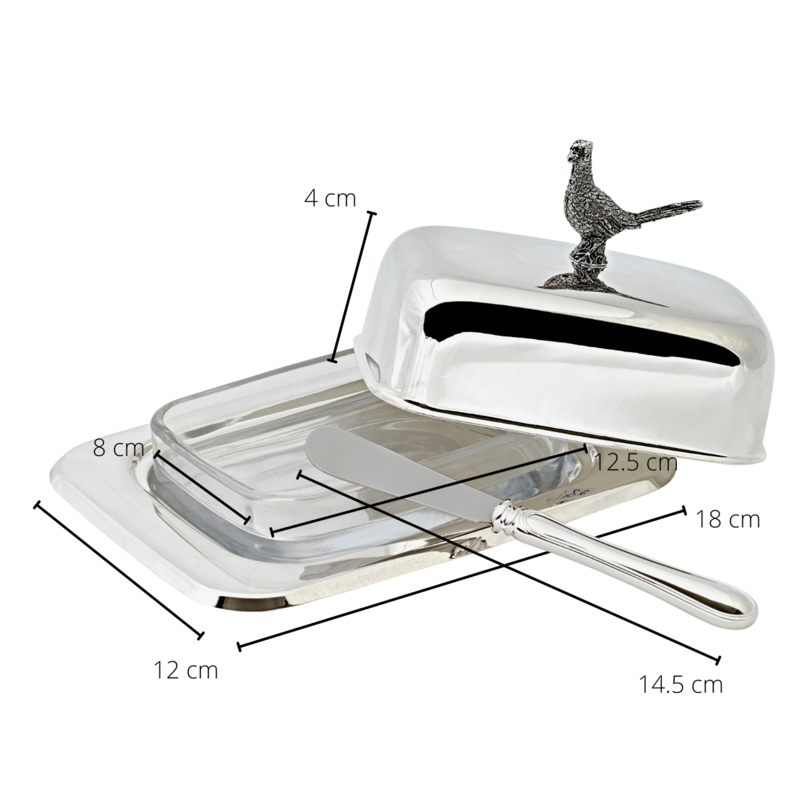 Beurrier EDZARD faisan 13x18 cm, H 9 cm, insert en verre, argenté, avec couteau à beurre