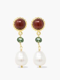 Carnelian, green agate, and pearl drop earrings with a gold-tone setting.