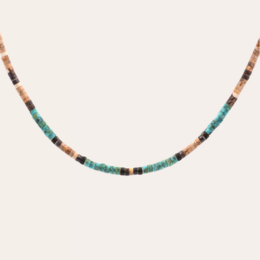  Turquoise, brown, and beige beaded necklace with a natural, earthy aesthetic.