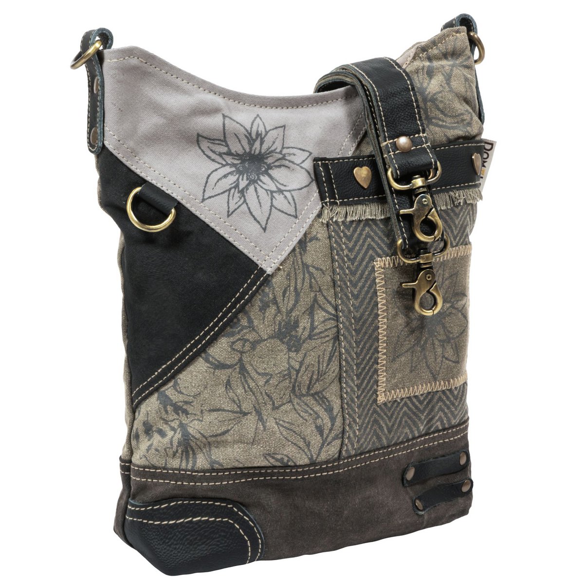 Domelo traditionele tas voor dames - dirndl tas met edelweiss & bloemen - canvas schoudertas zwart grijs - schoudertas voor Oktoberfest, traditionele outfit & dagelijks leven - Doemlo damestas