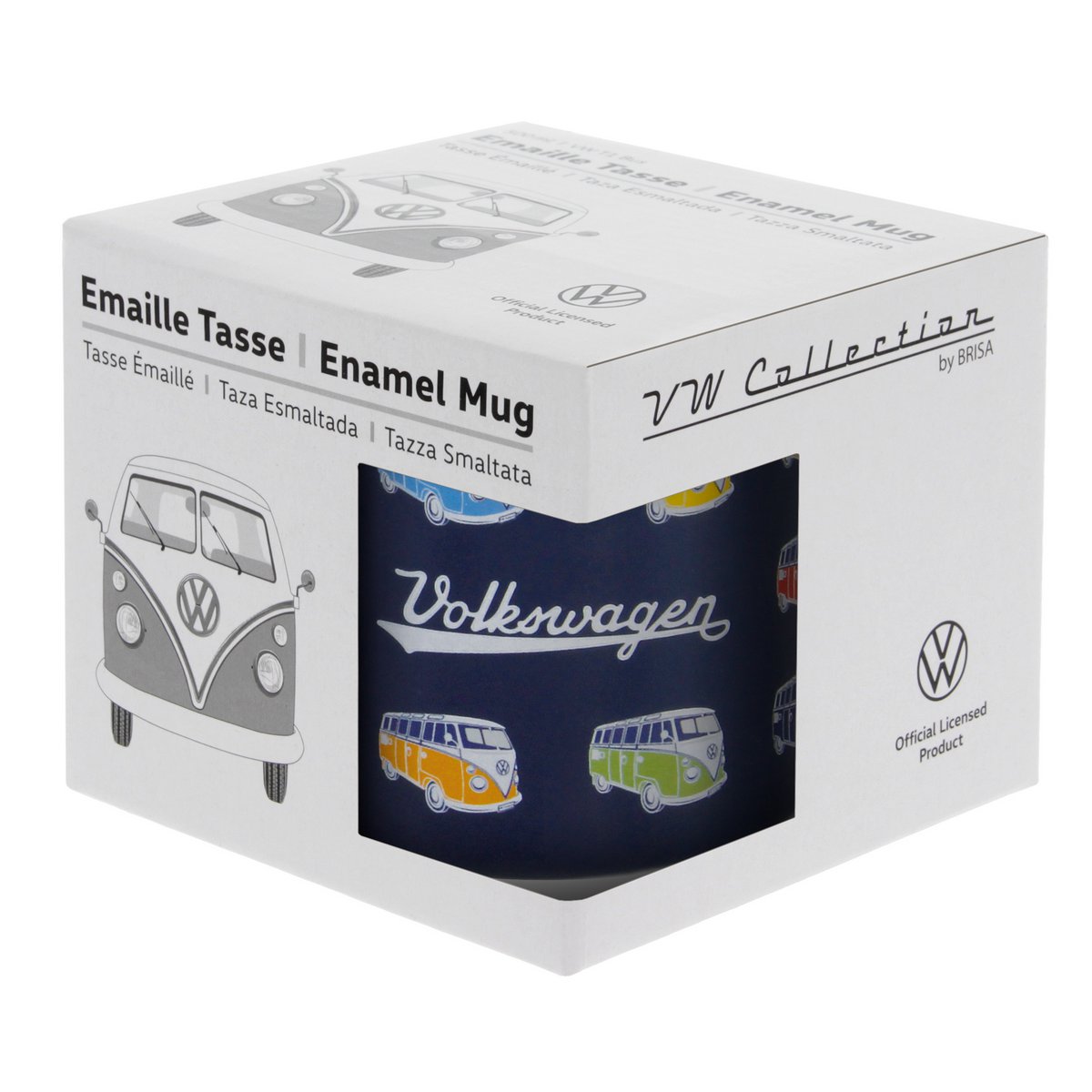 Volkswagen VW T1 Bus Emaille-Tasse, 500 ml, in Geschenkbox – Bus Parade/Blau