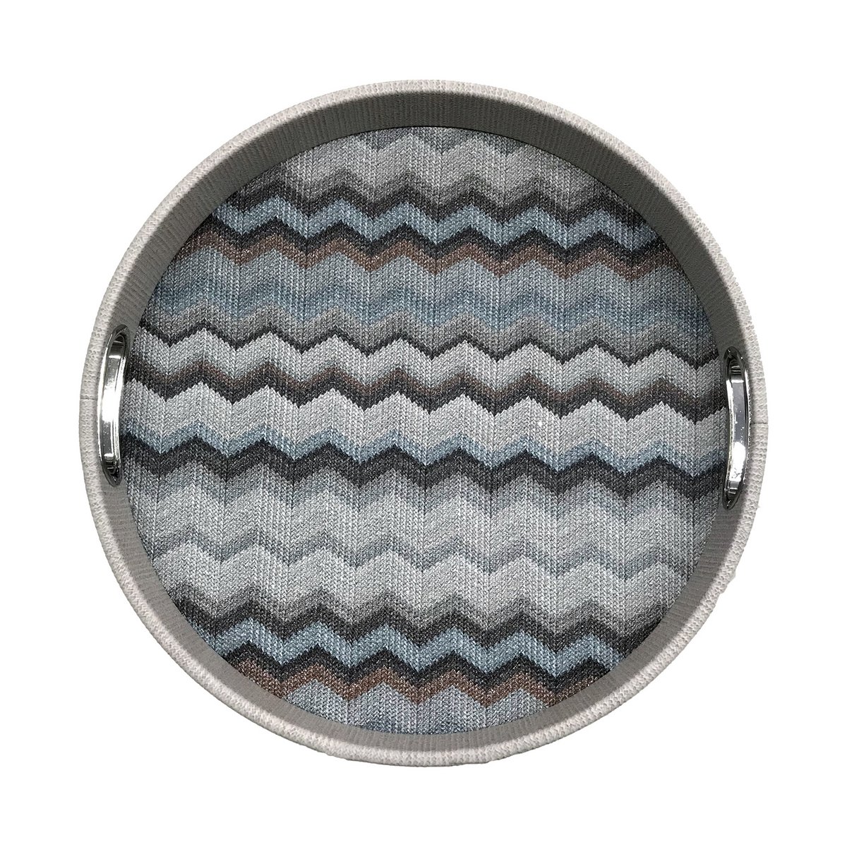 Plateau rond bleu à motif zigzag avec poignées en acier inoxydable