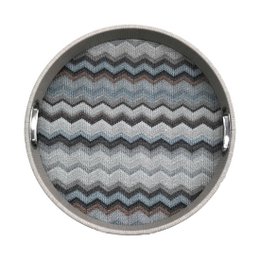Plateau rond bleu à motif zigzag avec poignées en acier inoxydable