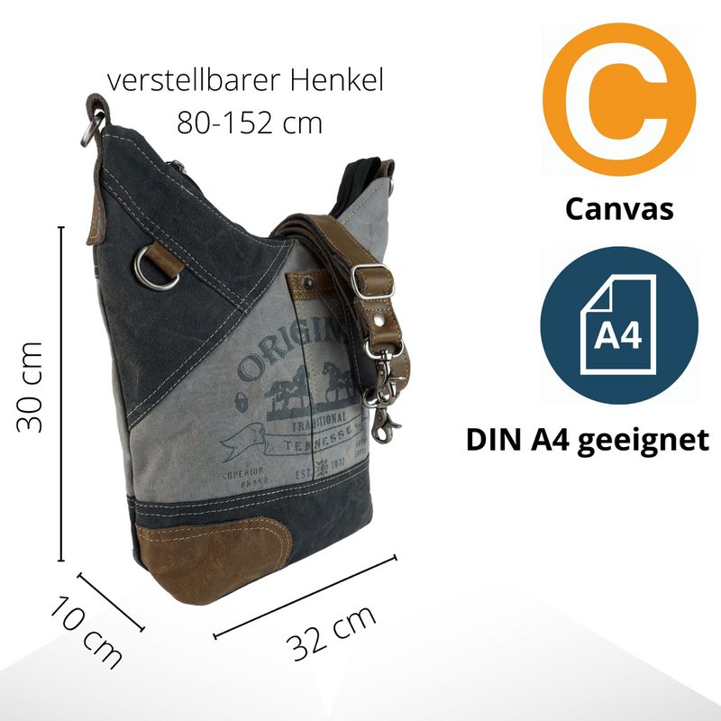 Sunsa dames schoudertas. Handtas gemaakt van canvas (canvas) & leer. Schoudertas in vintage stijl. Grote crossbody tas voor dames met paardenmotief grijs zwart