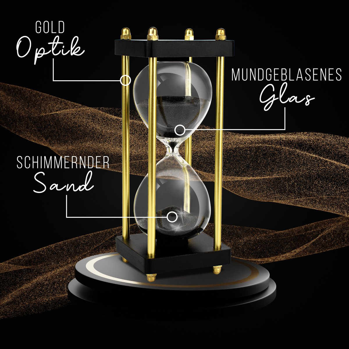 Edle Sanduhr Chronometrie I Dekorative Sanduhr fra Glas mit feinem schwarz-schimmernden Sand veredelt mit goldenen Seitstützen