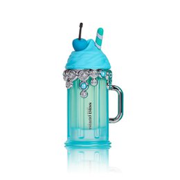 Turquoise blue glass perfume bottle with decorative crown cap, tropical island bliss fragrance, 100ml EDP spray.