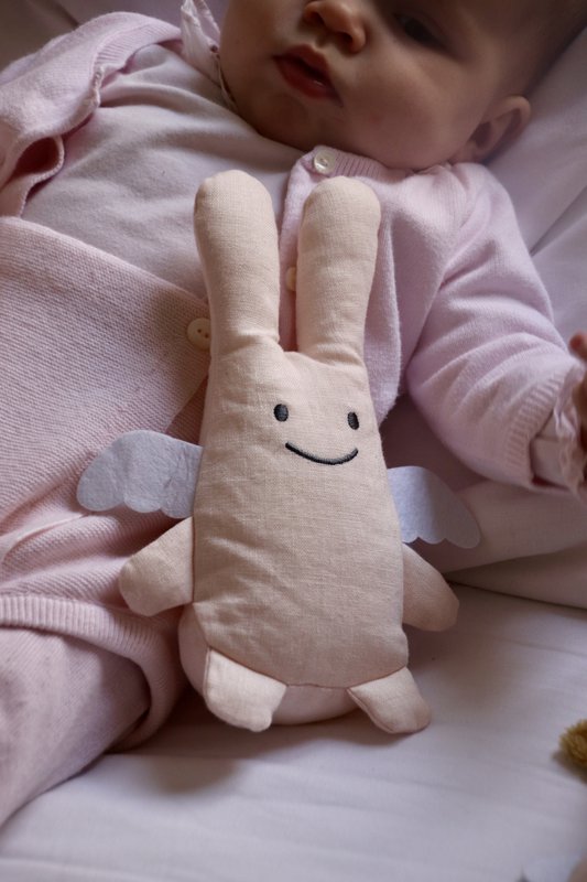 Peluche Coniglio Angelo - Rosa Cipria con Sonaglio 20Cm Cotone biologico