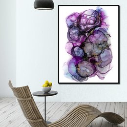 Vibrant abstract art print featuring a colorful arrangement of purple and blue ink blots. Suitable for modern home decor.