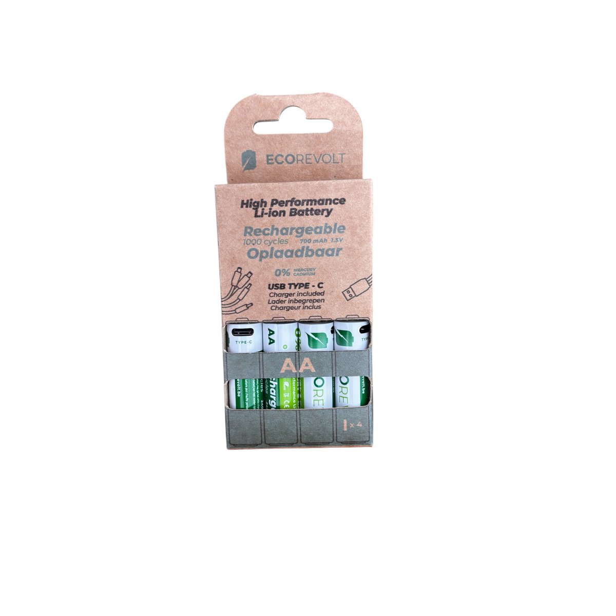Ecorevolt-pack van 4 repcherable AA Repcherable USB-C 700 MAH 1.5V + 4-kop kabel