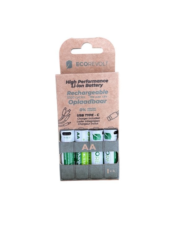 Ecorevolt-Pack de 4 Repcherable AA Repcherable USB-C 700 mAh 1.5V + 4 cabezas de cable