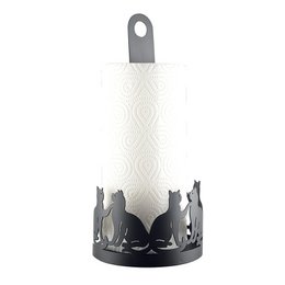  White and black cat-themed towel holder, 14x14x31cm in size, for kitchen roll storage.