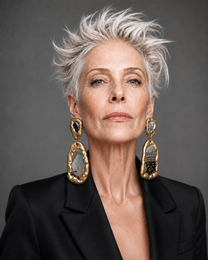 Portrait keychain featuring elegant woman with white hair, gold teardrop earrings, black blazer, sophisticated style.