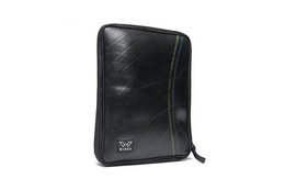 Black leather file holder with zipper closure and textured surface.
