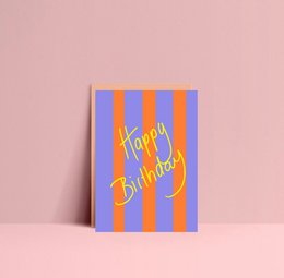 Colorful striped birthday card with "Happy Birthday" text in yellow.
