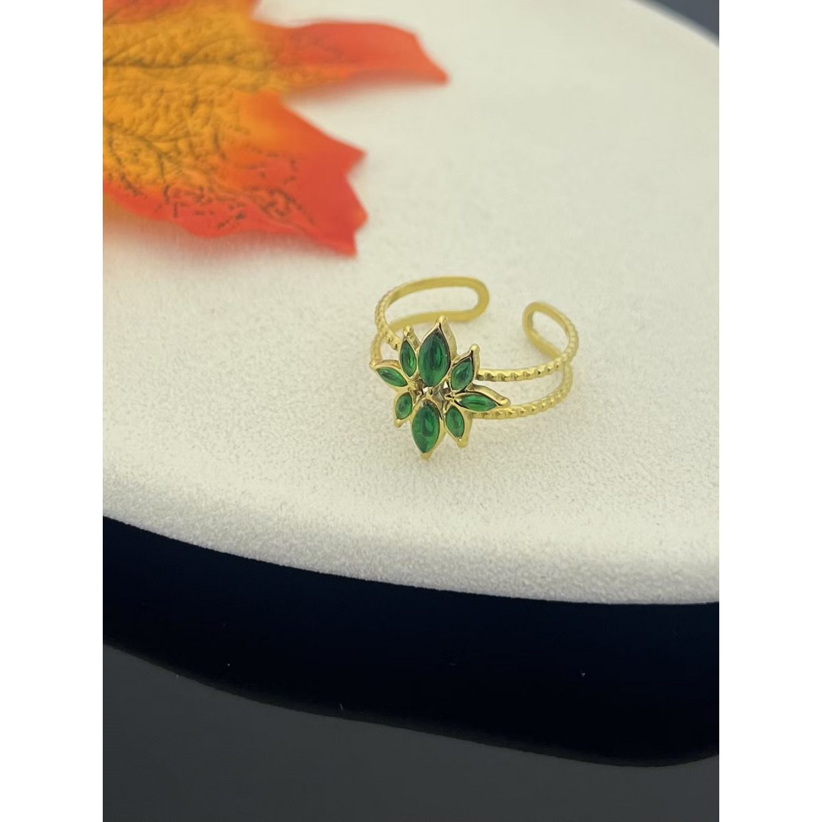 Bague en cristal de fleur verte acier inoxydable doré