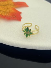 Bague en cristal de fleur verte acier inoxydable doré