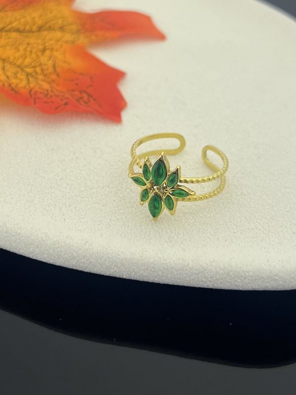 Bague en cristal de fleur verte acier inoxydable doré