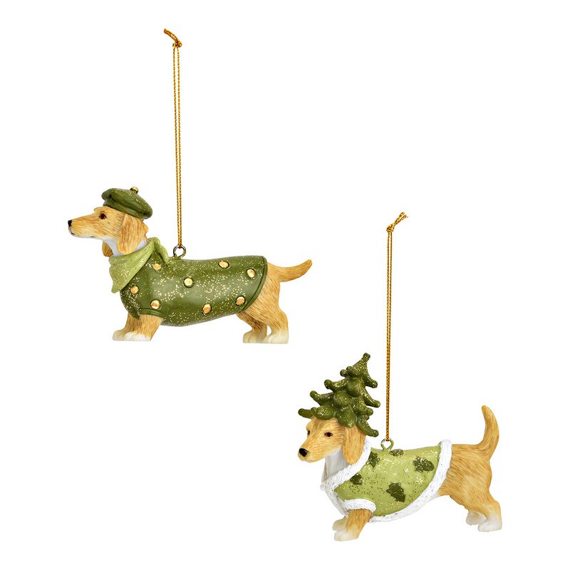 Hængende hund med hat/juletræ lavet af poly, 2-fold, grøn (B/H/D) 10x6x3cm