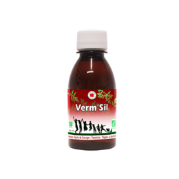 A 150 ml bottle of Verm'Sil* dietary supplement. The bottle has a brown liquid inside and a white label with the product name.
